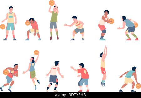 Basketballfiguren für Herren. Basketballspieler in verschiedenen Stellungen, männliche Figuren spielen Ball. Athleten in Uniform, Turnier, Sport-Stil Hobby Stock Vektor