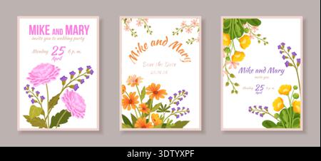 Plakate mit Wildblumen im Frühling. Blumen Grußkarten, Hochzeit Einladung Flyer alles Gute zum Geburtstag Postkarte osterfeierenposter floraler Rahmen Design Cartoon Set ordentliche Vektor Illustration Original Kunstwerk Stock Vektor