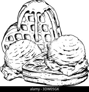 Schwarz-weiße Strichgrafik-Illustration mit Waffeln mit Eis und Sirup. Handgezeichnete Dessertkomposition im Tintenstil für das Design von Cafés Stock Vektor