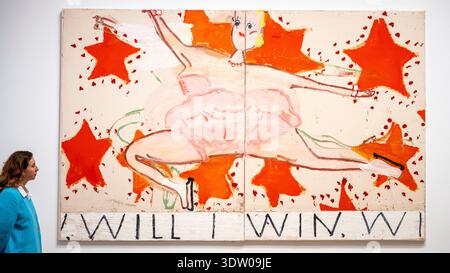 London, Großbritannien. 24. Februar 2026. Ein Mitarbeiter mit „Pink Skater (will I Win, will 1 Win)“, 2015, bei einer Vorschau von „Rose Wylie: The Picture Comes First“, der größten Übersicht über das Werk von Rose Wylie, RA, an der Royal Academy of Arts. Die Ausstellung präsentiert über 90 ihrer Werke vom 28. Februar bis 19. April 2026. Quelle: Stephen Chung / Alamy Live News Stockfoto