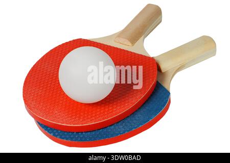 Kleine Tischtennisschläger mit Ball isoliert auf weißem Hintergrund Stockfoto