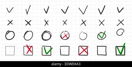 Häkchen Hand gezeichneter Kritzelvektor Set. Handschrift Holzkohlestift korrekte oder falsche Symbole. Kritzeln Sie die Markierung für Checklistenelemente. Stock Vektor