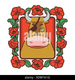 Porträt einer Kuh mit Piratenauge in einem Vintage-Blumengestell mit roten Rosen. Bauernhoftier-Charakter im Volkskunststil. Vektordarstellung isoliert Stock Vektor