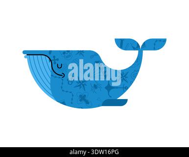 Illustration des Blauwals mit dunklen Vintage-Tattoos bedeckt. Kreative Meereslebekunst und symbolisches nautisches Konzept. Flacher Vektor isoliert auf weißem Hintergrund Stock Vektor