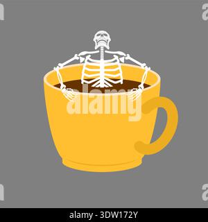 Menschliches Skelett, das sich entspannt und ein Bad in einer gelben Kaffeetasse nimmt. Lustiger Morgenkaffee, Tod und Entspannungskonzept. Stock Vektor