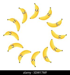 Nette Kawaii gelbe Bananenzeichen runden Kreis Rahmen Vorlage Vektor Stock Vektor