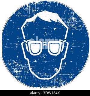 Augenschutz tragen obligatorisches Sicherheitsschild DIN 4844-2 D-M001 ISO 7010 M004. Blaues, kreisförmiges Anweisungsplakat mit einer grunge, verstörten Textur. Vecto Stock Vektor