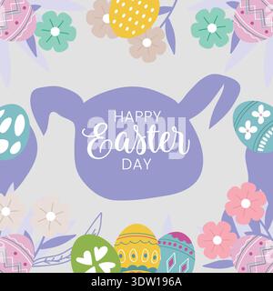 Happy Easter Day Pastel Blumen und Eier Gruß isoliert auf lila Hintergrund. Stock Vektor