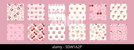 Set mit süßem Kirschmuster und zarten Schleifen für ein nahtloses Coquette-Muster. Motive mit Mädchenherzen und pinkfarbenen Bändern bilden den bezaubernden Valentinstag-Hintergrund für trendige Textildesigns. Vektorabbildung Stock Vektor