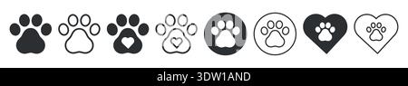 Fußabdrücke von Haustier-Pfote, Hund und Katze Haustier Fußabdruck Symbol Set mit Herz Symbol Vektor Illustration Stock Vektor