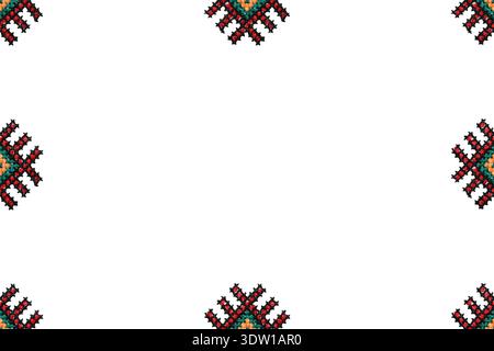 Traditionelle ukrainische Stickerei auf weißer Leinwand als Hintergrund, Nahaufnahme. Nationales Handwerk. Das gestickte geometrische Muster ist isoliert auf einem weiß Stockfoto