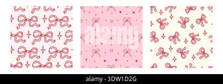 Nahtloses Coquette-Muster mit handgezeichneten Schleifen und Glitzern, süßes romantisches Doodle-Design, rote Strichkunst auf rosafarbenen Hintergründen, mädchenhaftes ästhetisches Design für Stoff, Verpackung, Schreibwaren und Dekor Stock Vektor