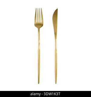 Gabel und Messer in matter goldener Farbe isoliert auf weißem Hintergrund. Besteckset. Stockfoto