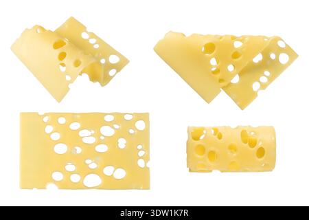 Satz Käsescheiben mit Löchern auf weißem Hintergrund. Gesunde Lebensmittel reich an Kalzium und Protein. Stockfoto