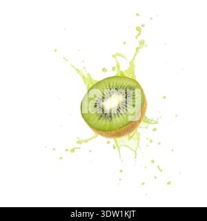 Frische, reife Kiwi-grüne Fruchtscheibe, die in spritzenden Saft mit Tropfen auf weißem Hintergrund fällt. Fliegende Früchte. Stockfoto
