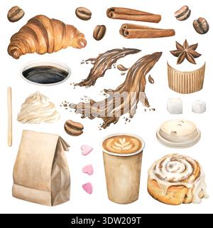 Kaffee, Croissant, zimt, Cappuccino und Kaffeebohnen in einem Aquarellset. Handgezeichneter Kaffee zum Mitnehmen auf weißem Hintergrund. Vintage-Objekte für Stockfoto