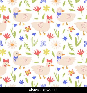 Nahtloses Frühlingsmuster mit Enten, Blumen und Schmetterlingen. Osterhintergrund mit niedlichen Tieren für Kindertextilien und festlicher Verpackung. Vögel Stock Vektor