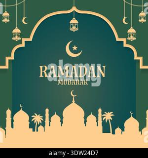 Ramadan Mubarak begrüßt islamischen Hintergrund mit goldener Laterne. Vektorabbildung Stock Vektor