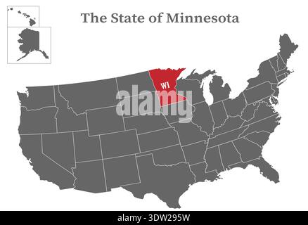 Der Bundesstaat Minnesota auf der Karte der Vereinigten Staaten von Amerika ist rot markiert. Staaten der USA mit Grenzen auf einer allgemeinen Landkarte Stock Vektor
