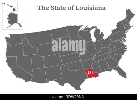 Der Bundesstaat Louisiana ist auf der Karte der Vereinigten Staaten von Amerika rot markiert. Staaten der USA mit Grenzen auf einer allgemeinen Landkarte Stock Vektor