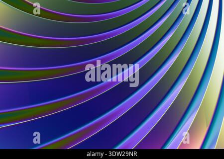 Lebendige abstrakte, geschwungene Linien in Blau, Grün und Lila bilden ein dynamisches Muster mit leuchtenden Kanten. 3D-Rendering Stockfoto