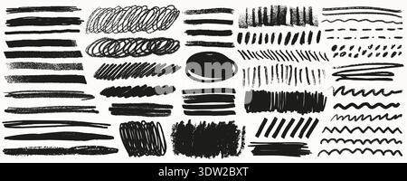 Schriftzeichen mit Buntstiftlinien in Schwarz auf weißem Hintergrund mit unterstrichenen Konturen, Kästchen und einfachen Symbolen. Hervorhebungsmarkierungen der Buntstifte in Stock Vektor