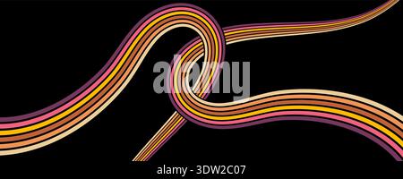 Farbenfroher Hintergrund mit kurvigen Linien im Stil der 70er Jahre. Retro-Einsatz mit parallelen Regenbogenstreifen. Vorlage für Poster, Banner, dekorative Elemente und Wand Stock Vektor