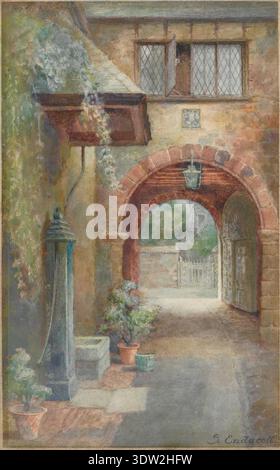 Sidney Endacott (1873–1918) war ein englischer Künstler und Holzschnitzer, der mit Exeter in Verbindung stand und an der Ashburton Grammar School und Blundell’s School ausgebildet wurde. Das Archivbild dokumentiert eine historische fotografische Reproduktion seines signierten Werkes „The Old Courtyard in the Close“ (1910–1911) mit verso-Inschriften. Stockfoto