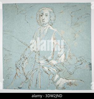Jacopo Amigoni (1682–1752) war ein italienischer Rokoko-Maler, der für seine theatralischen und dramatischen Kompositionen bekannt war. Diese Zeichnung mit Stift und Tinte, die einen Gentleman mit Hunden und eine Reitpeitsche zeigt, veranschaulicht Amigonis spätbarocken und rokoko-Stil mit dramatischer Bewegung und raffinierten Details. Es dient wahrscheinlich als Vorskizze für ein größeres Werk. Stockfoto