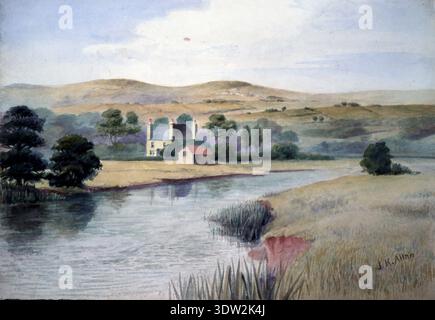 James Kennedy Allan (1920–1998) war ein britischer Künstler, der für seine Landschaften und Aquarelle bekannt war. Dieses Archivgemälde aus den 1920er bis 1930er Jahren zeigt den Fluss exe und die Doppelschleusen am Exeter-Kanal. Der Double Locks Pub, ursprünglich ein Schlosshäuschen, ist seit dem späten 18. Jahrhundert Teil der Geschichte von Exeter. Stockfoto