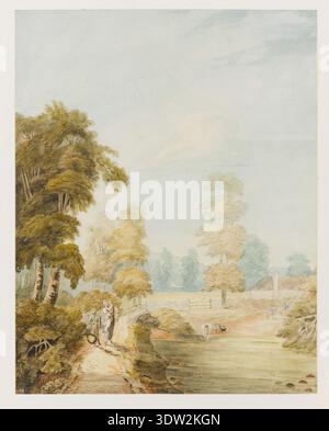 John White Abbott (1763–1851) war ein englischer Chirurg und Landschaftskünstler, der für seine Aquarelle bekannt war. Dieses Werk, das zwischen 1800 und 1830 entstanden ist, ist ein Aquarell auf Papier, das die ländliche Szene in der Nähe von Crediton, Devon, einfängt. Das Archivfoto dokumentiert die zarten Pinselstriche, die typisch für Abbotts Stil sind, mit ihrer weichen Palette, die die sanften Hügel von Devon widerspiegelt. Stockfoto