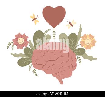 Menschliches Gehirn mit Herz, Blumen und Schmetterlingen für geistiges Gleichgewicht, Gesundheit und Wellness. Emotionale Intelligenz. Vektorabwicklungsdarstellung Stock Vektor