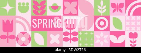 Frühlingsbanner, Flyer, Poster. Geometrischer Hintergrund mit bunten Frühlingsblüten, Sonne, Blätter Schmetterling Stock Vektor