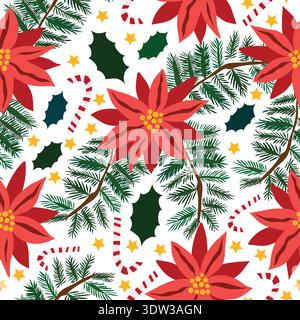 Weihnachtsdekoration und Blumenschmuck einschließlich Bonbonbons, Weihnachtsstern und nahtlosem Muster aus Kiefernnadeln. Gut für Stoff und Textil. Stock Vektor