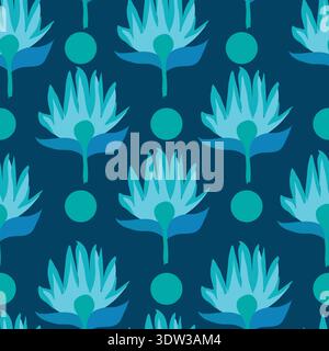 Blaue Blüten mit nahtlosem Muster mit Polka Dots. Gut geeignet für Textilien, Stoff, Verpackung, Karton und mehr. Stock Vektor