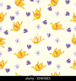 Abstraktes, nahtloses Blumenmuster in Lila, Hellviolett und Gelb. Farbenfrohes, abstraktes nahtloses Muster mit Blumen Gut für Fliesen, Verpackung, Stoff. Stock Vektor