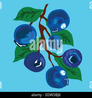 Heidelbeeren hängen am Zweig mit Blätter-Illustration. Blaubeeren Zweig handgemalte Vektor-Illustration. Blaue Beeren Clipart. Stock Vektor