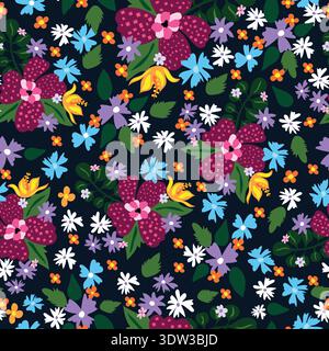 Abstraktes handgezeichnetes Blumenmuster mit rosa, blauen und grünen Blumen, quadratischen Blütenblättern und verstreuten kleinen Blüten auf einem dichten schwarzen Hintergrund. Stock Vektor