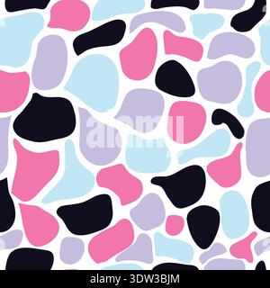 Nahtloses Muster mit abstrakten Formen in Rosa, Schwarz, Blau und Lila. Ein markantes, modernes Design mit künstlerischer Ausgewogenheit, ideal für Textilien. Stock Vektor