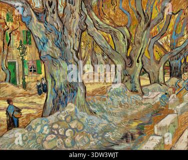 Vincent van Gogh – The Large Plane Trees (Road Menders at Saint-Rémy), 1889 – Post-Impressionistische expressive Straßenlandschaft von Arbeitern und Bäumen | ArchiVerse: Impressionism & Post Stockfoto