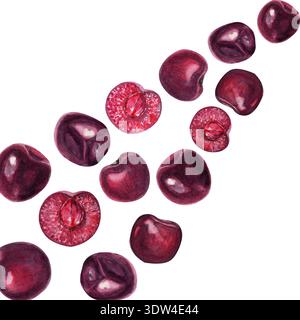 Aquarellkirschen in diagonaler Komposition auf weißem Hintergrund. Handbemalte reife rote Früchte mit Kopierraum, ideal zur Begrüßung Stockfoto