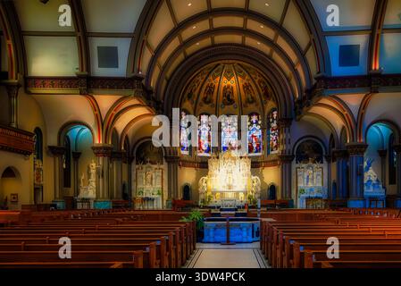 Das Innere des St. Vincent de Paul Parish in Chicago, Illinois, mit kunstvollem Altar, Buntglas und gewölbter Decke Stockfoto