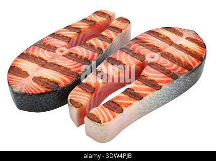 Dieses Bild zeigt zwei wunderschön gegrillte Lachssteaks mit knuspriger Haut und frischen Kräutern. Der Lachs hat eine satte, rosafarbene Farbe und wird gekocht Stockfoto