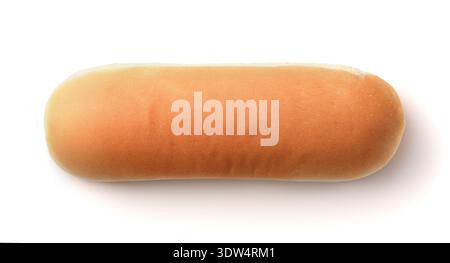 Blick von oben auf frisch gebackenes Hot Dog Brötchen isoliert auf weiß Stockfoto
