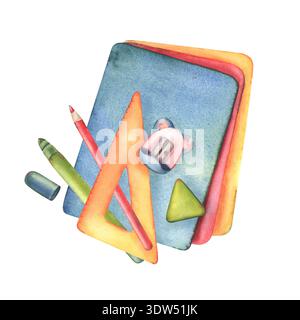 Stapel bunter Papierbögen, Marker, Lineal, Bleistift, Spitzer, Radierer. Handgemalte Aquarellillustration isoliert auf weiß für Schreibwaren Stockfoto