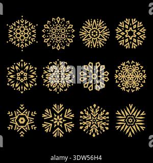 Schneeflocken-Icon-Kollektion. Grafisches, modernes schwarzes und goldenes Ornament Stock Vektor