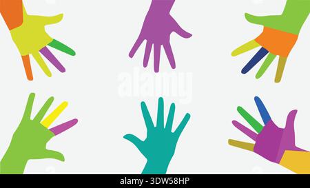 Bunte Hände, Die Zusammen Greifen, Symbolisieren Teamwork Und Community-Support Für Unity Diversity Stock Vektor