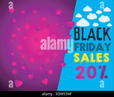 Black Friday Sales 20%: Buntes Werbebanner Mit Herzen, Sternen Und Wolken Stock Vektor