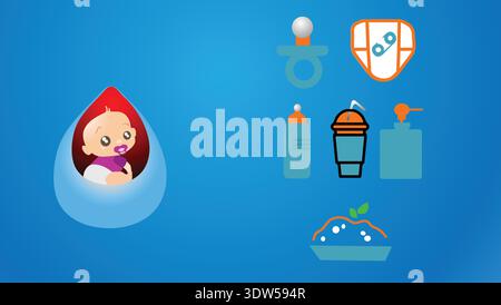 Niedliche Cartoon Baby und Säuglingspflege Icons mit Fütterungsflasche, Schnuller und Windel für Eltern Stock Vektor