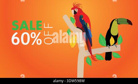 Sale 60% Off tropischer Papagei und Tukan Illustration auf orangefarbenem Hintergrund Werbebanner Stock Vektor